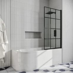 Drench J Shaped Shower Bath with Panel & Shower Screen
