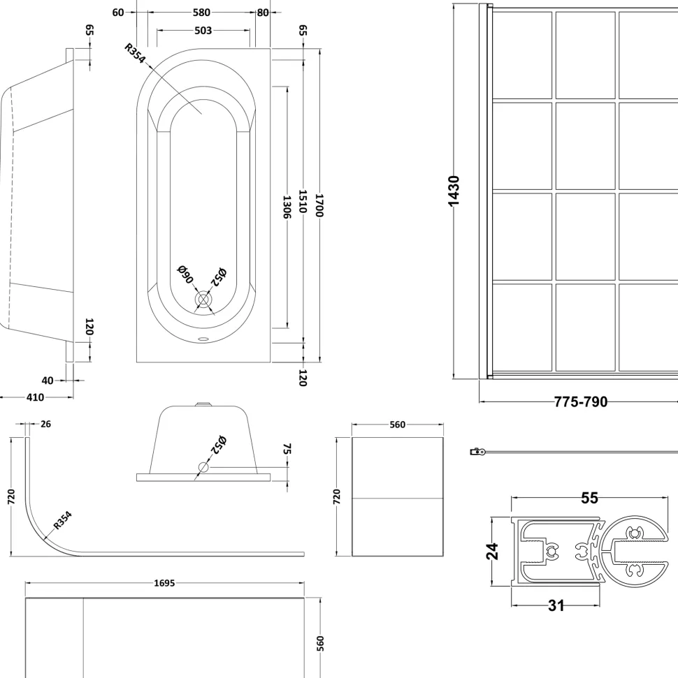Drench J Shaped Shower Bath with Panel & Shower Screen