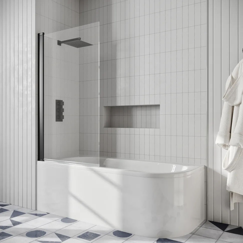Drench J Shaped Shower Bath with Panel & Shower Screen