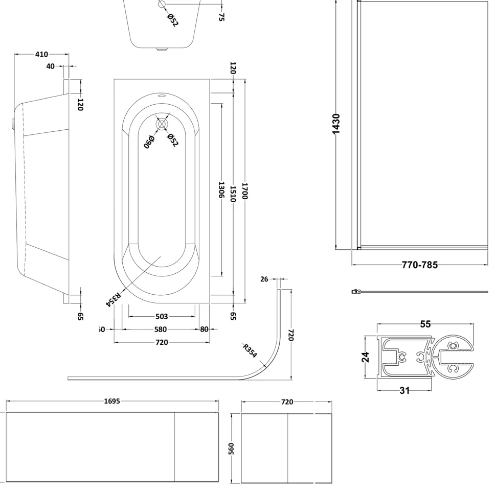 Drench J Shaped Shower Bath with Panel & Shower Screen