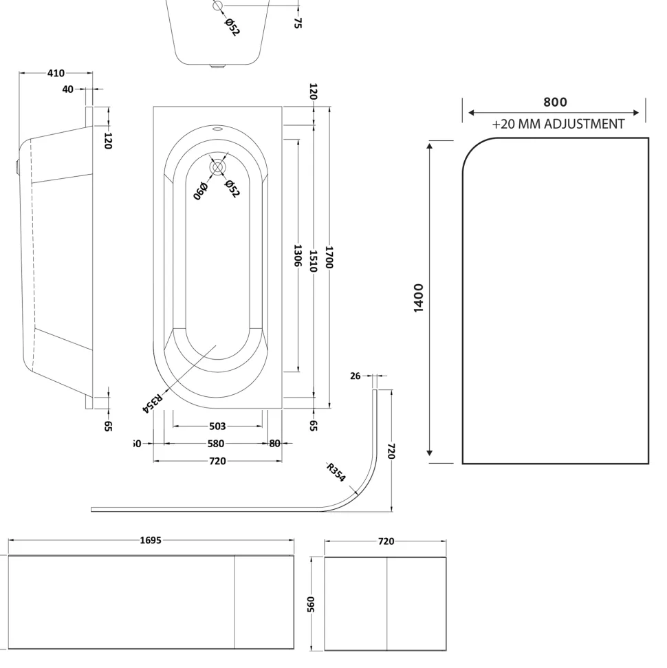 Drench J Shaped Shower Bath with Panel & Shower Screen