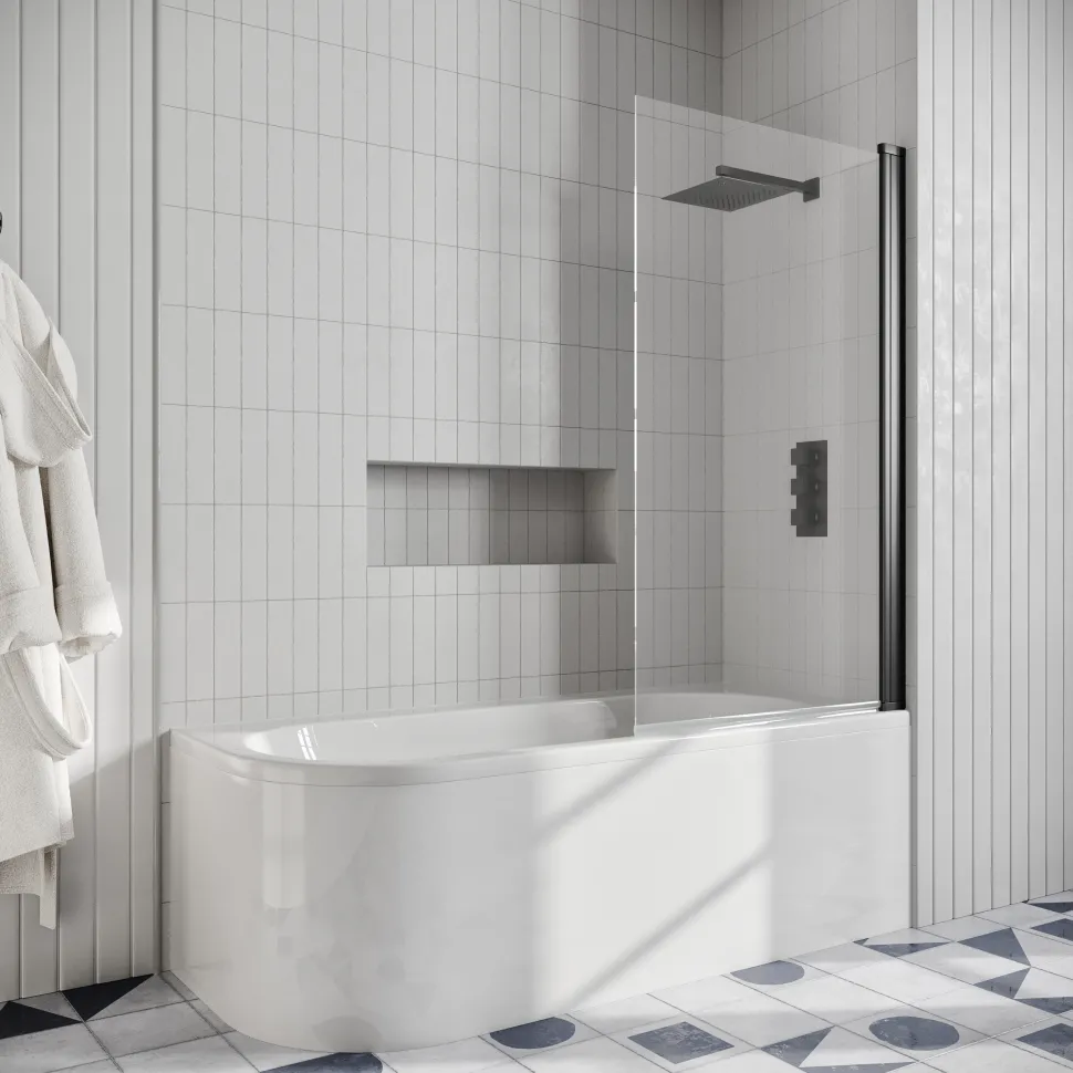 Drench J Shaped Shower Bath with Panel & Shower Screen