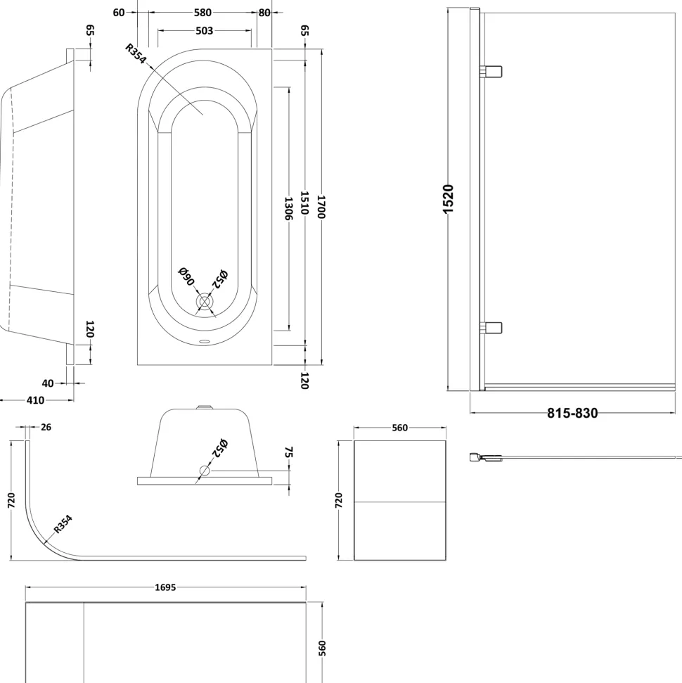 Drench J Shaped Shower Bath with Panel & Shower Screen
