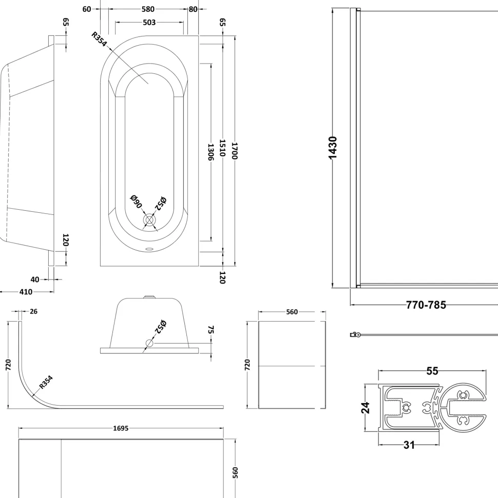 Drench J Shaped Shower Bath with Panel & Shower Screen