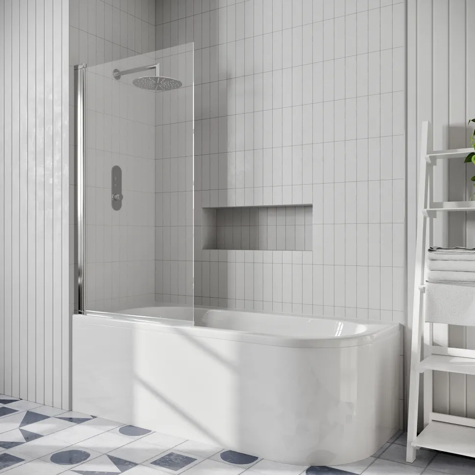 Drench J Shaped Shower Bath with Panel & Shower Screen