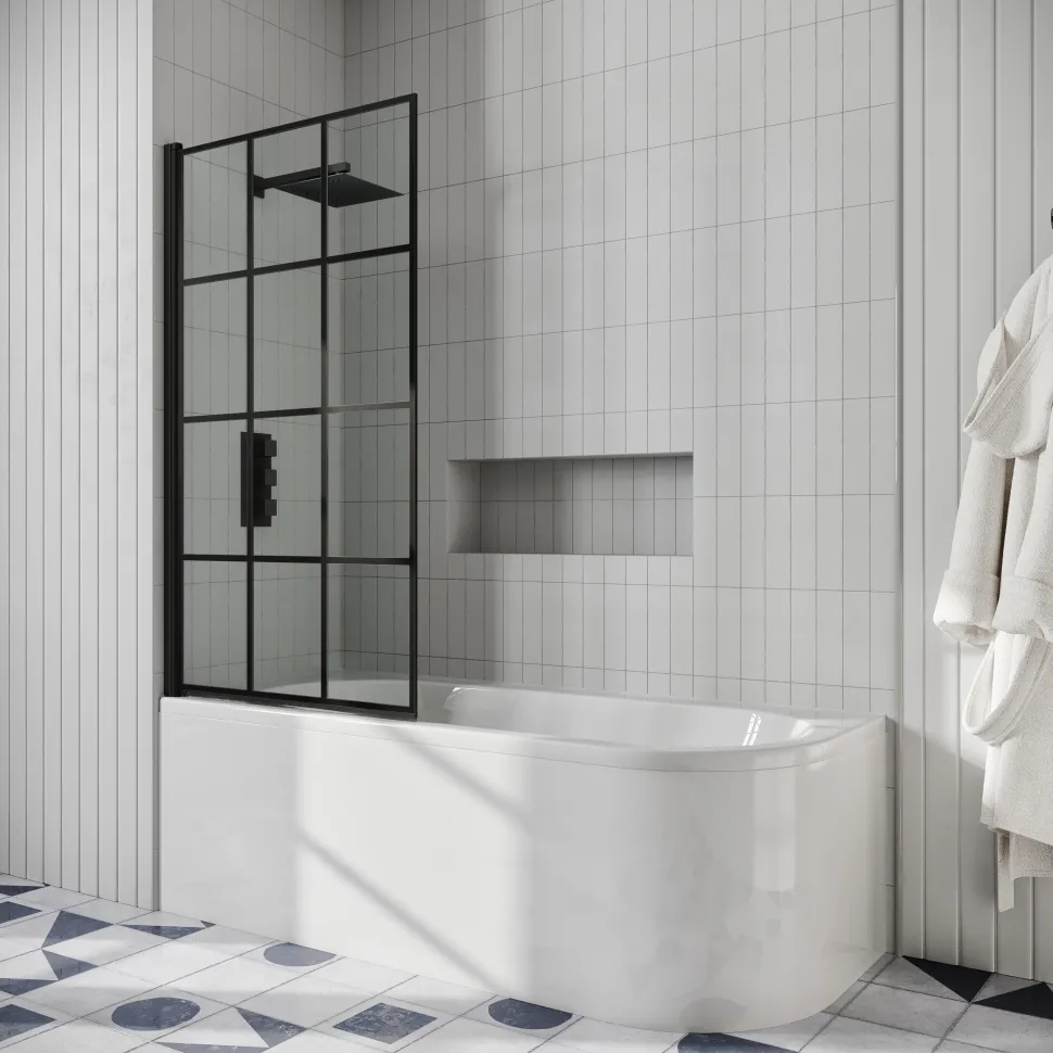 Drench J Shaped Shower Bath with Panel & Shower Screen