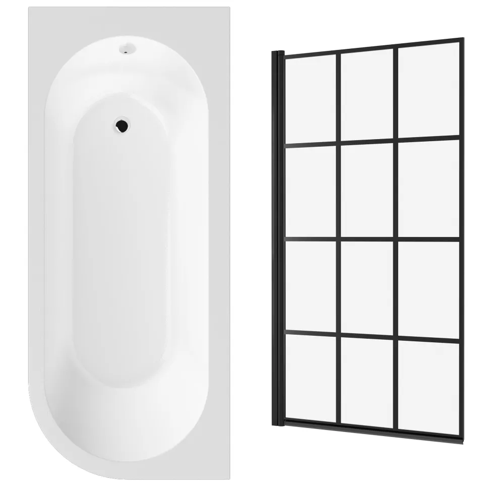 Drench J Shaped Shower Bath with Panel & Shower Screen