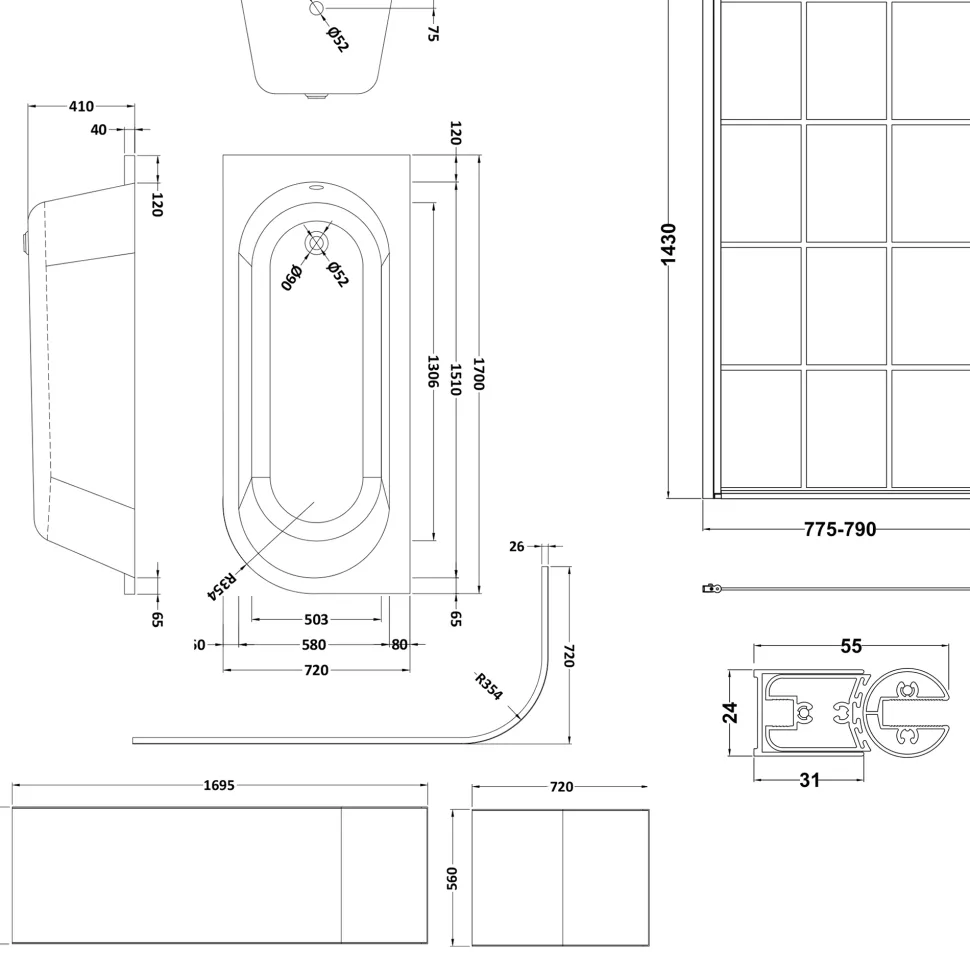 Drench J Shaped Shower Bath with Panel & Shower Screen