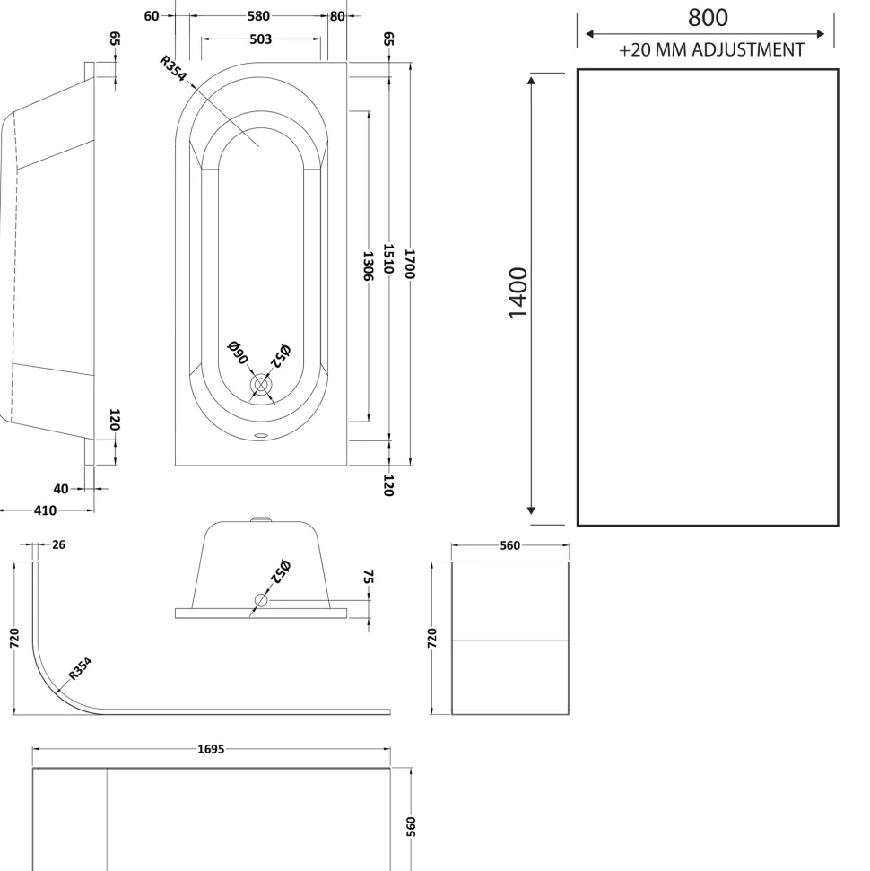 Drench J Shaped Shower Bath with Panel & Shower Screen