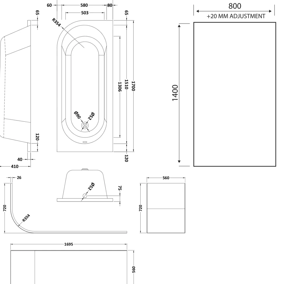 Drench J Shaped Shower Bath with Panel & Shower Screen