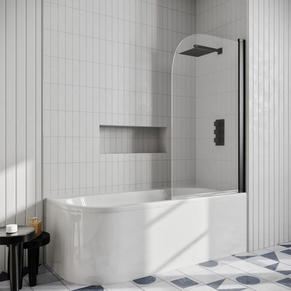 Drench J Shaped Shower Bath with Panel & Shower Screen