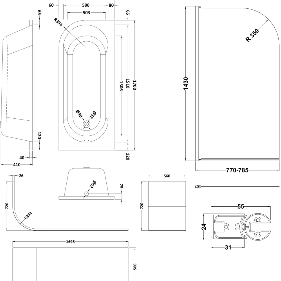 Drench J Shaped Shower Bath with Panel & Shower Screen