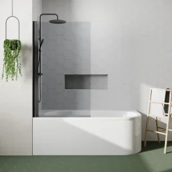 Drench J Shaped Shower Bath with Panel & Matt Black Shower Screen - 1700mm