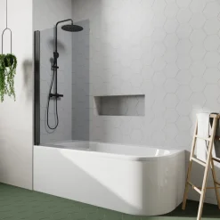 Drench J Shaped Shower Bath with Panel & Matt Black Shower Screen - 1700mm