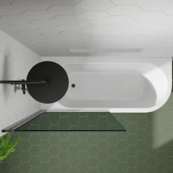 Drench J Shaped Shower Bath with Panel & Matt Black Shower Screen - 1700mm
