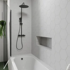 Drench J Shaped Shower Bath with Panel & Matt Black Shower Screen - 1700mm
