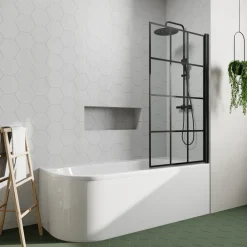 Drench J Shaped Shower Bath with Panel & Matt Black Shower Screen - 1700mm