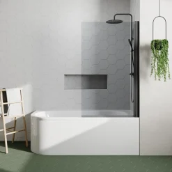 Drench J Shaped Shower Bath with Panel & Matt Black Shower Screen - 1700mm
