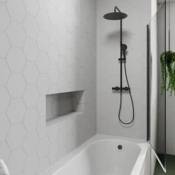 Drench J Shaped Shower Bath with Panel & Matt Black Shower Screen - 1700mm