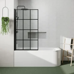 Drench J Shaped Shower Bath with Panel & Matt Black Shower Screen - 1700mm