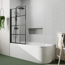 Drench J Shaped Shower Bath with Panel & Matt Black Shower Screen - 1700mm