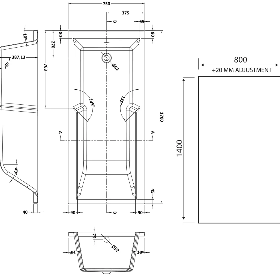 Drench Keyhole Shower Bath & Matt Black Shower Screen