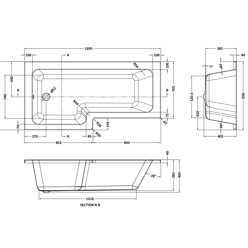Drench L Shaped Shower Bath & Optional Panel - 1700mm