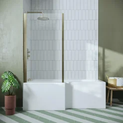 Drench L Shaped Shower Bath with Brushed Brass Shower Screen & Panel - 1700mm