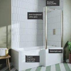 Drench L Shaped Shower Bath with Brushed Brass Shower Screen & Panel - 1700mm