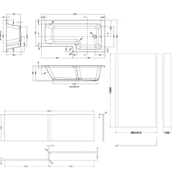 Drench L Shaped Shower Bath with Brushed Brass Shower Screen & Panel - 1700mm