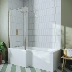 Drench L Shaped Shower Bath with Brushed Brass Shower Screen & Panel - 1700mm