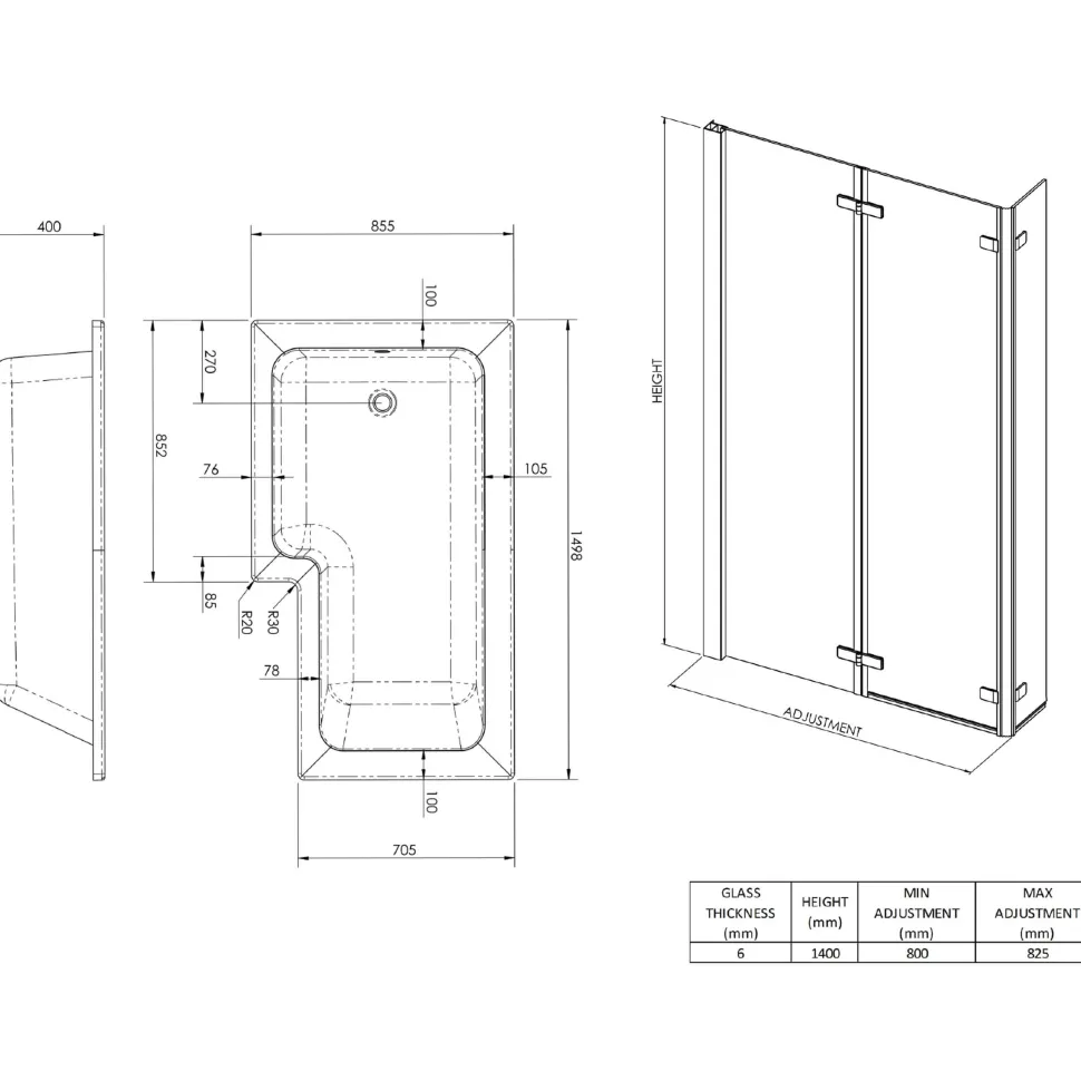 Drench L Shaped Shower Bath with Panel and Shower Screen - 1500mm