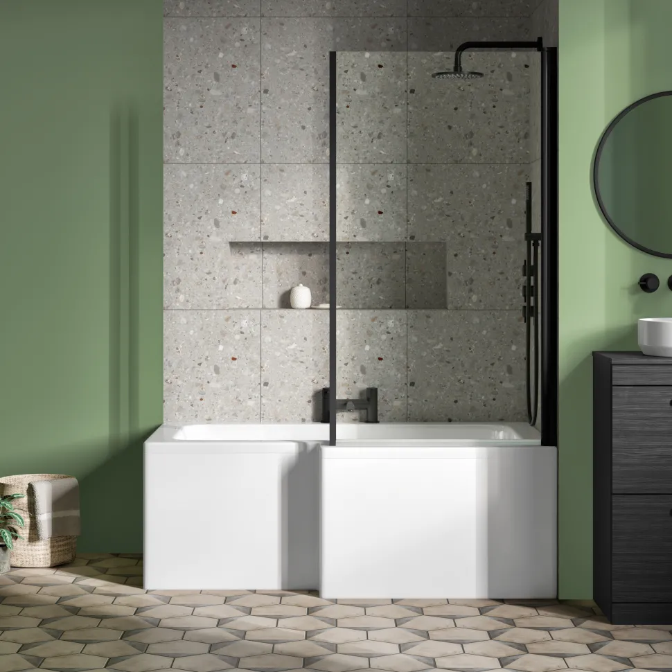 Drench L Shaped Shower Bath with Panel and Shower Screen - 1500mm