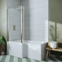 Drench L Shaped Shower Bath with Brushed Brass Shower Screen & Panel - 1500mm