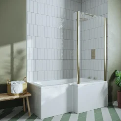 Drench L Shaped Shower Bath with Brushed Brass Shower Screen & Panel - 1500mm