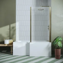 Drench L Shaped Shower Bath with Brushed Brass Shower Screen & Panel - 1500mm