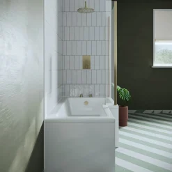 Drench L Shaped Shower Bath with Brushed Brass Shower Screen & Panel - 1500mm
