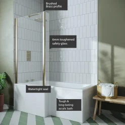 Drench L Shaped Shower Bath with Brushed Brass Shower Screen & Panel - 1500mm