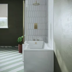 Drench L Shaped Shower Bath with Brushed Brass Shower Screen & Panel - 1500mm