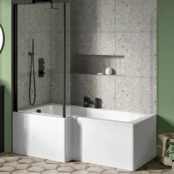 Drench L Shaped Shower Bath with Black Shower Screen & Panel - 1700mm