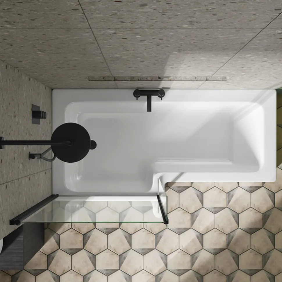 Drench L Shaped Shower Bath with Black Shower Screen & Panel - 1700mm