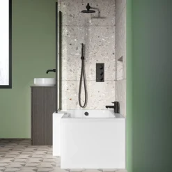 Drench L Shaped Shower Bath with Black Shower Screen & Panel - 1700mm