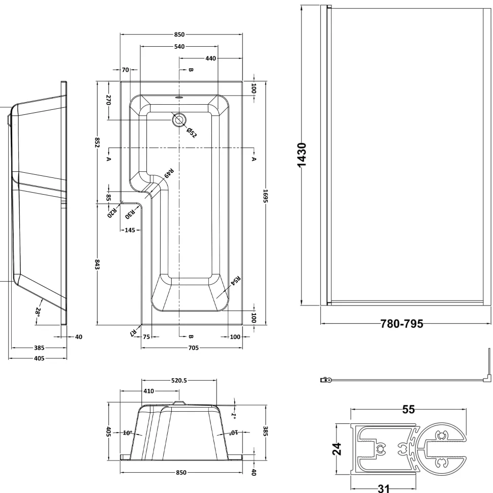 Drench L Shaped Shower Bath with Black Shower Screen & Panel - 1700mm