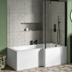 Drench L Shaped Shower Bath with Black Shower Screen & Panel - 1700mm
