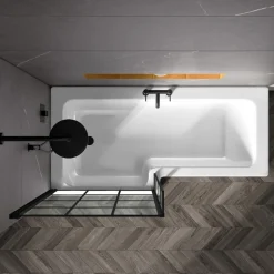 Drench L Shaped Shower Bath with Black Grid Shower Screen & Panel - 1700mm