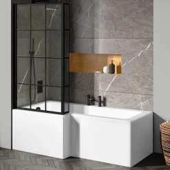 Drench L Shaped Shower Bath with Black Grid Shower Screen & Panel - 1700mm