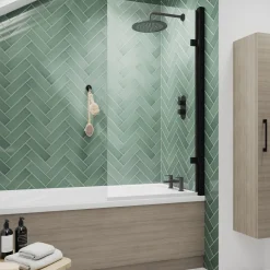 Drench Matt Black 8mm Square Corner Hinged Bath Screen - 1520 x 815mm