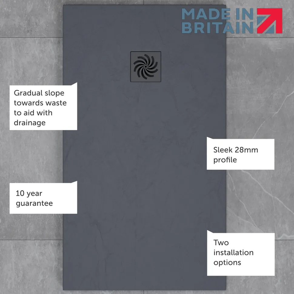 Drench Naturals Dark Grey Thin Slate-Effect Rectangular Shower Tray - 4 Sizes