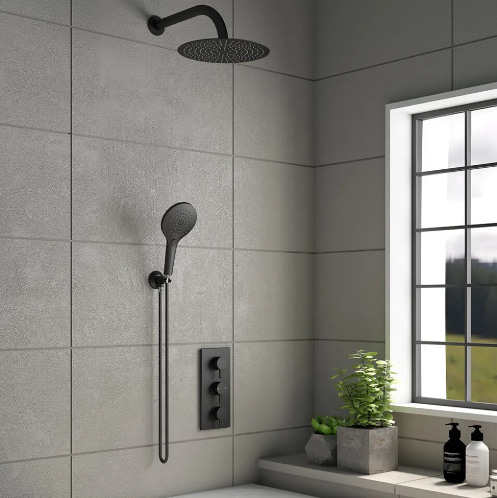Drench Noir Matt Black Round Concealed Shower System with Fixed Head & Wall Mounted Shower Handset