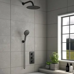 Drench Noir Matt Black Round Concealed Shower System with Fixed Head & Wall Mounted Shower Handset